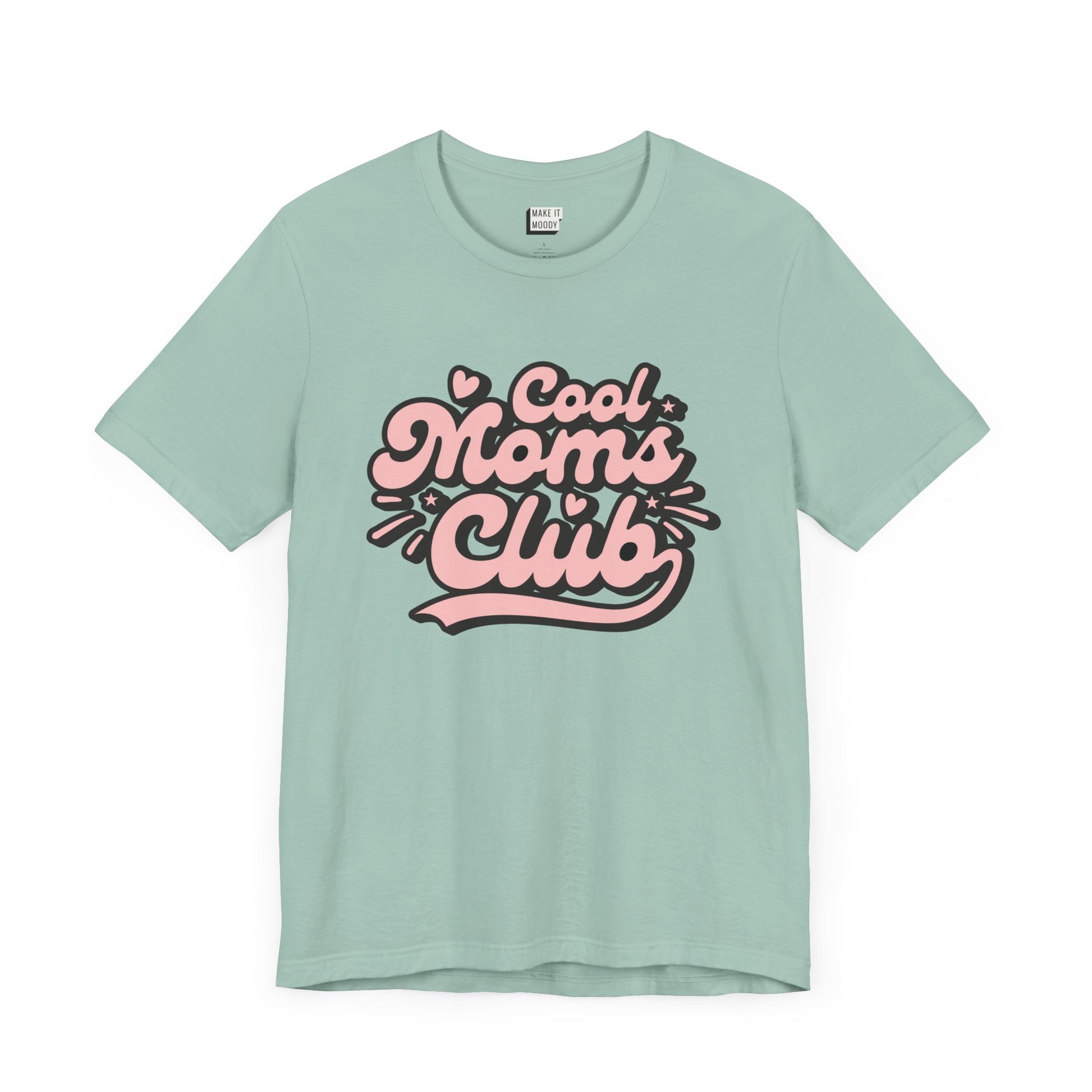 Dusty Blue mom t-shirt that says cool moms club in pink and black retro font.