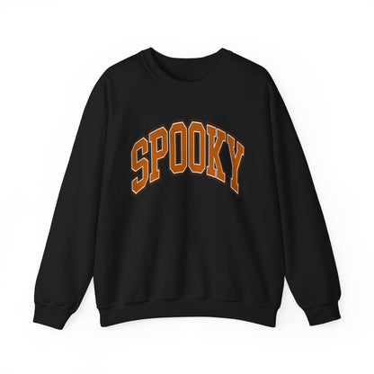 Black colored Halloween crewneck sweatshirt featuring the word SPOOKY in arched, bold orange and black letters on the front.