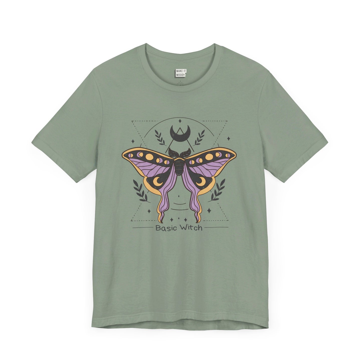 sage green t-shirt that says basic witch with a butterfly witch symbol design