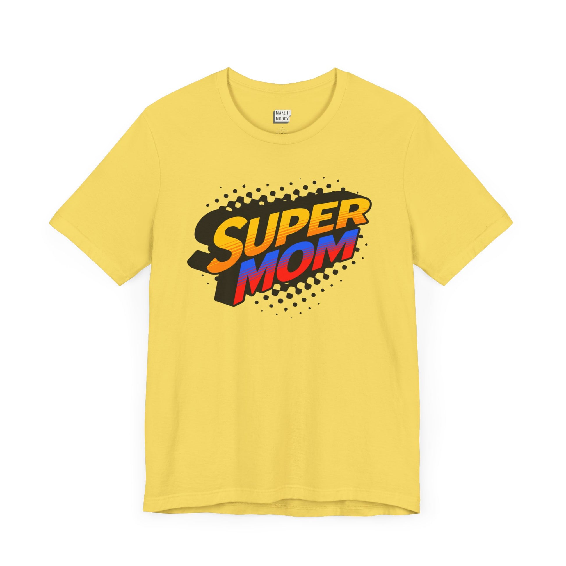 yellow t-shirt that says super mom in the colors red, blue and yellow in a comic style font