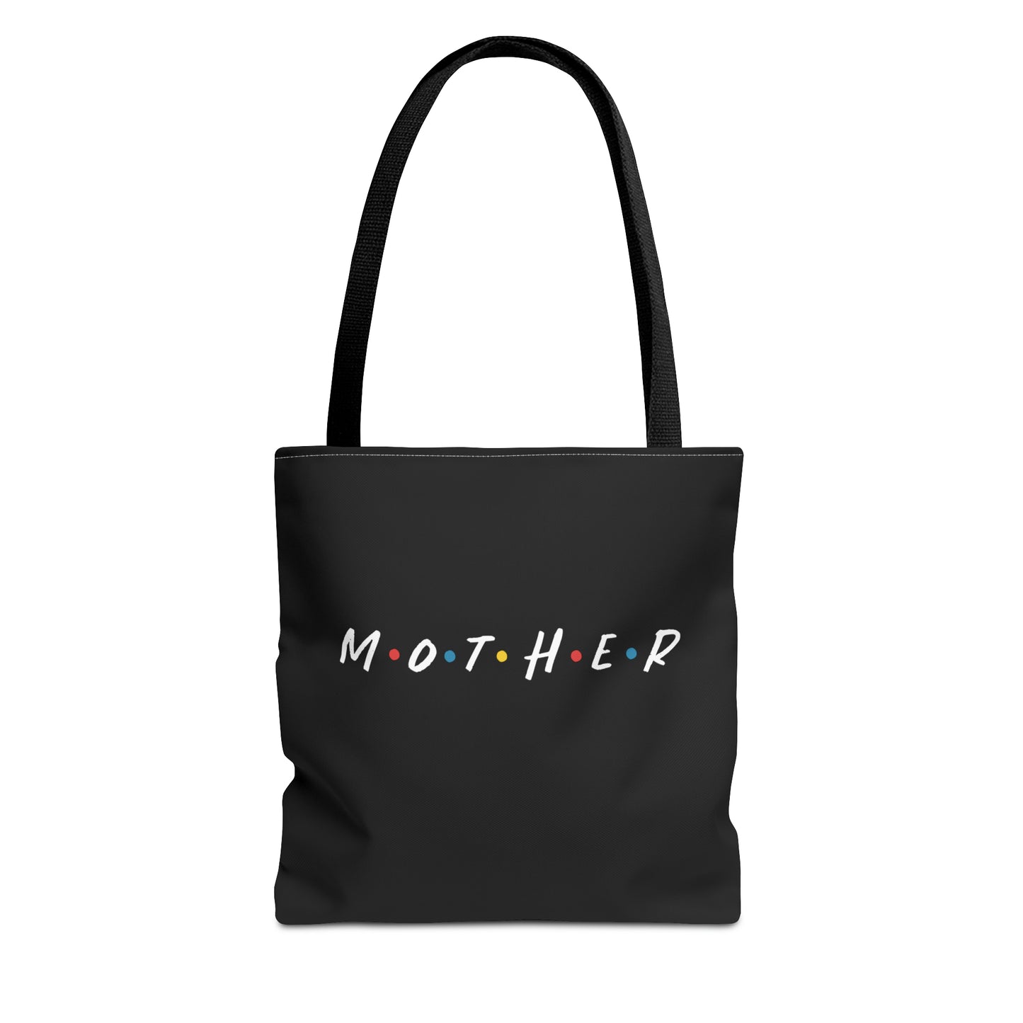 Mother" - Mom Tote Bag in black with the word "MOTHER" written in white and colorful dots between each letter.