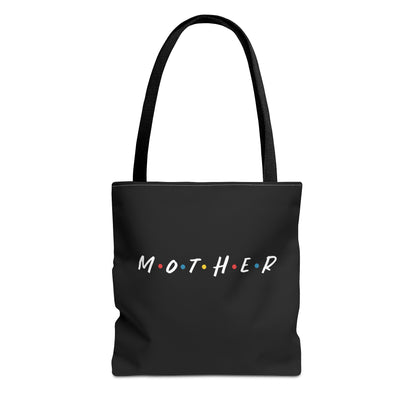 Mother" - Mom Tote Bag in black with the word "MOTHER" written in white and colorful dots between each letter.