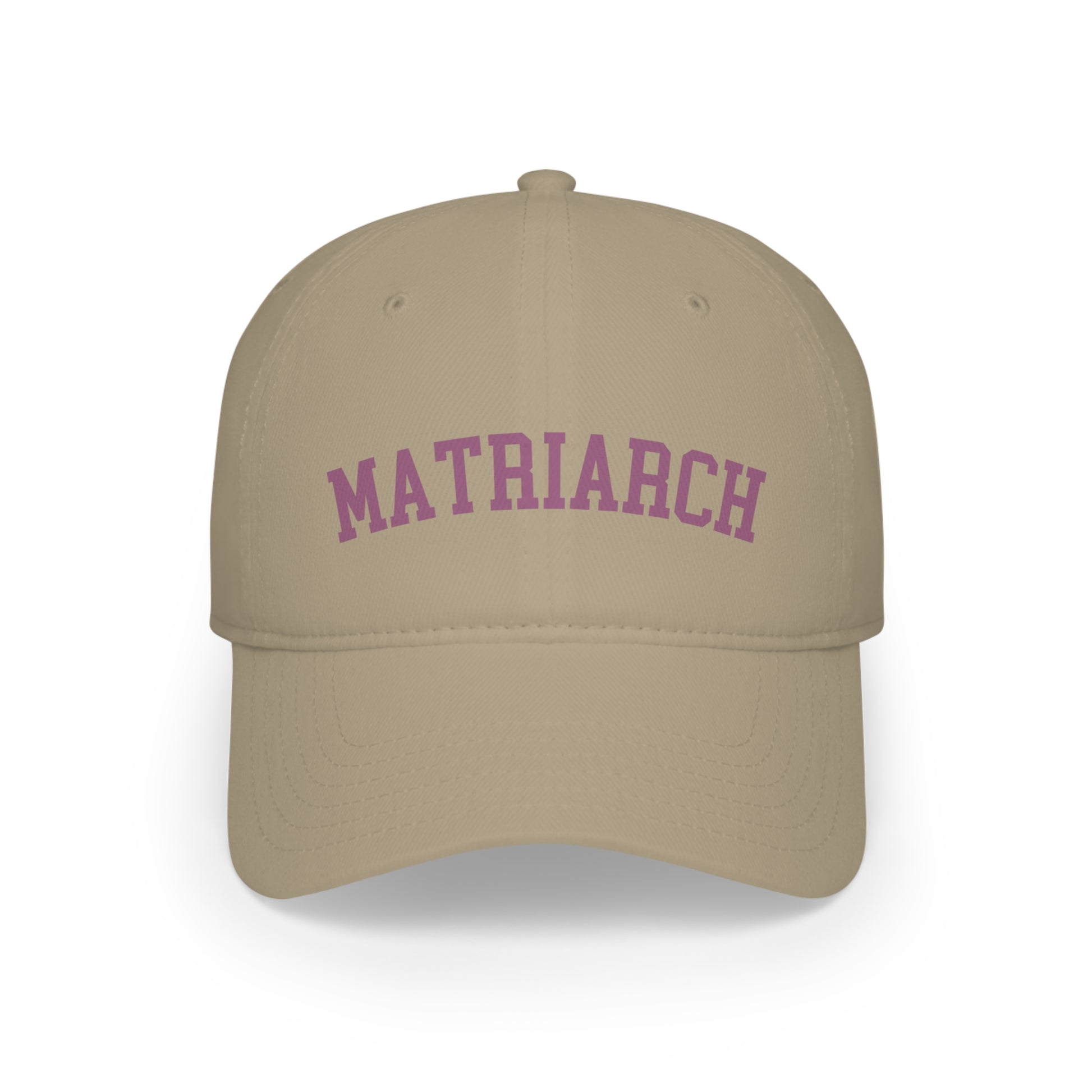 White "Matriarch" Mom Hat with the word "MATRIARCH" in bold, purple letters on the front.