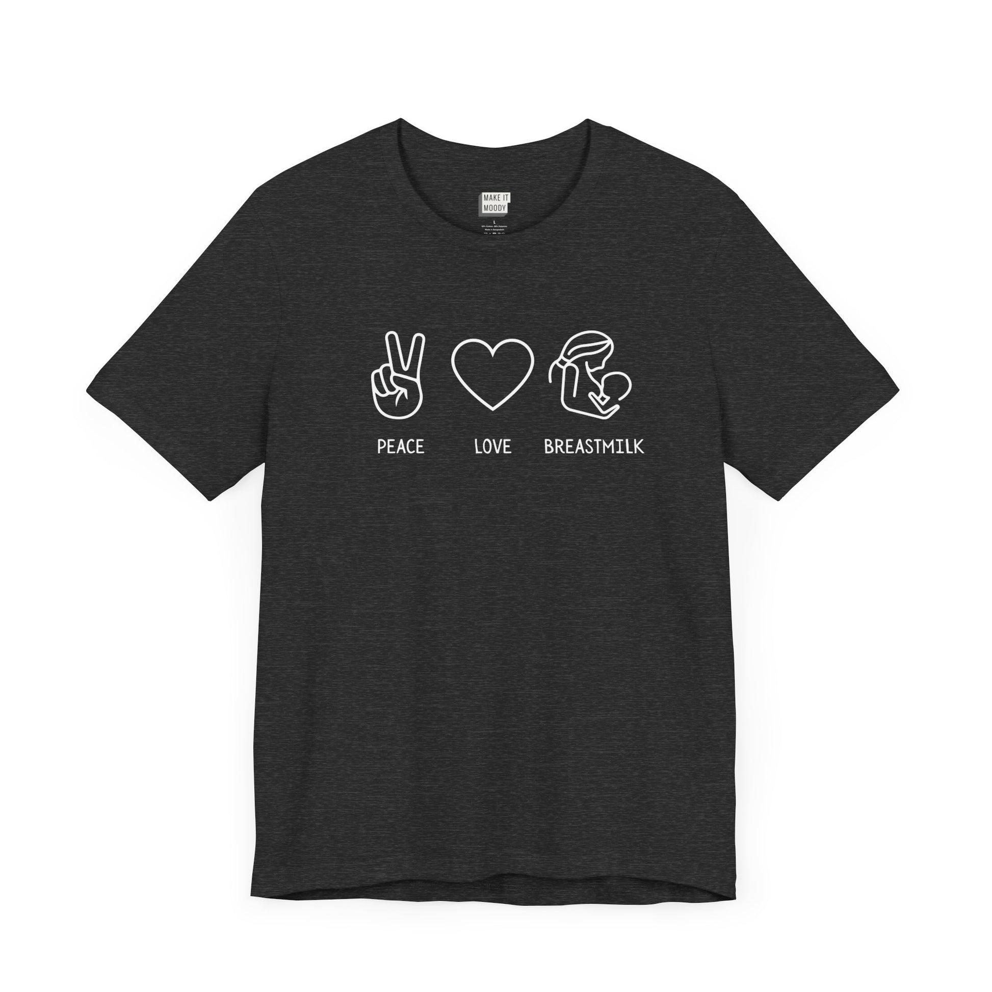 Dark heather grey breastfeeding t-shirt that says PEAVE LOVE BREASTMILK.