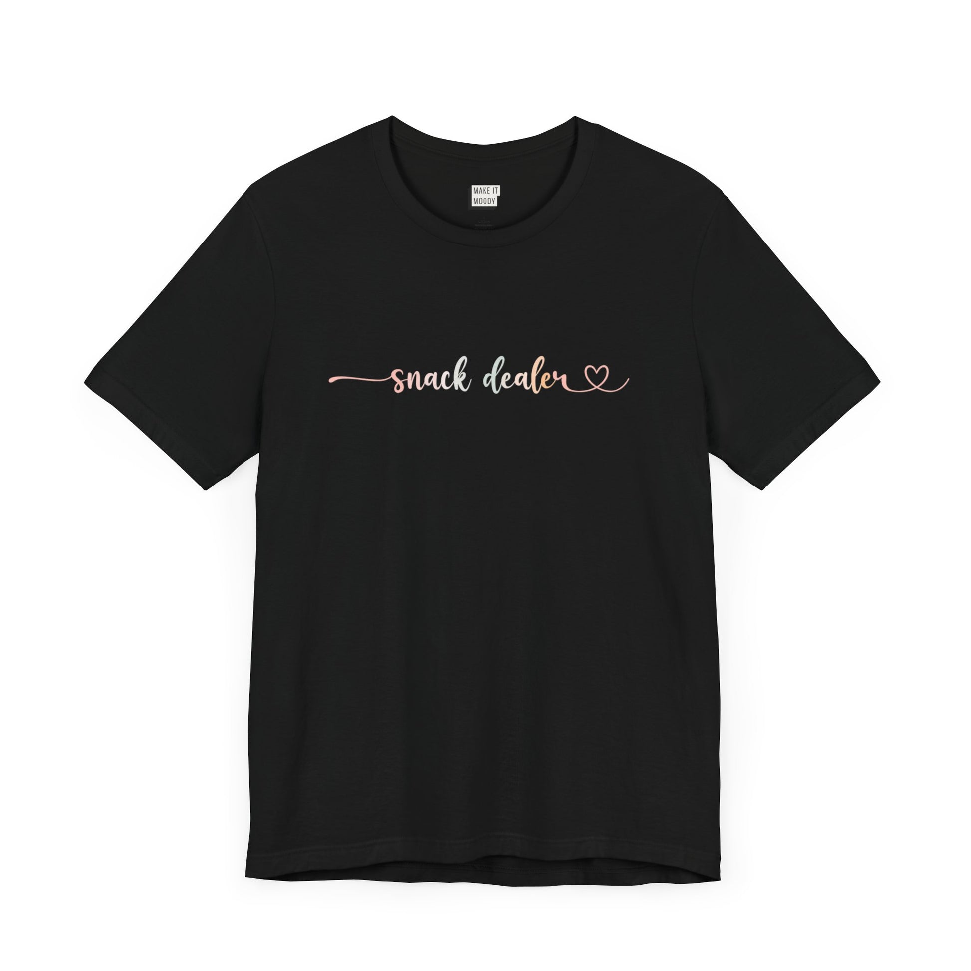 black funny shirt for moms in grey with the words, "Snack Dealer" on the front in script font.