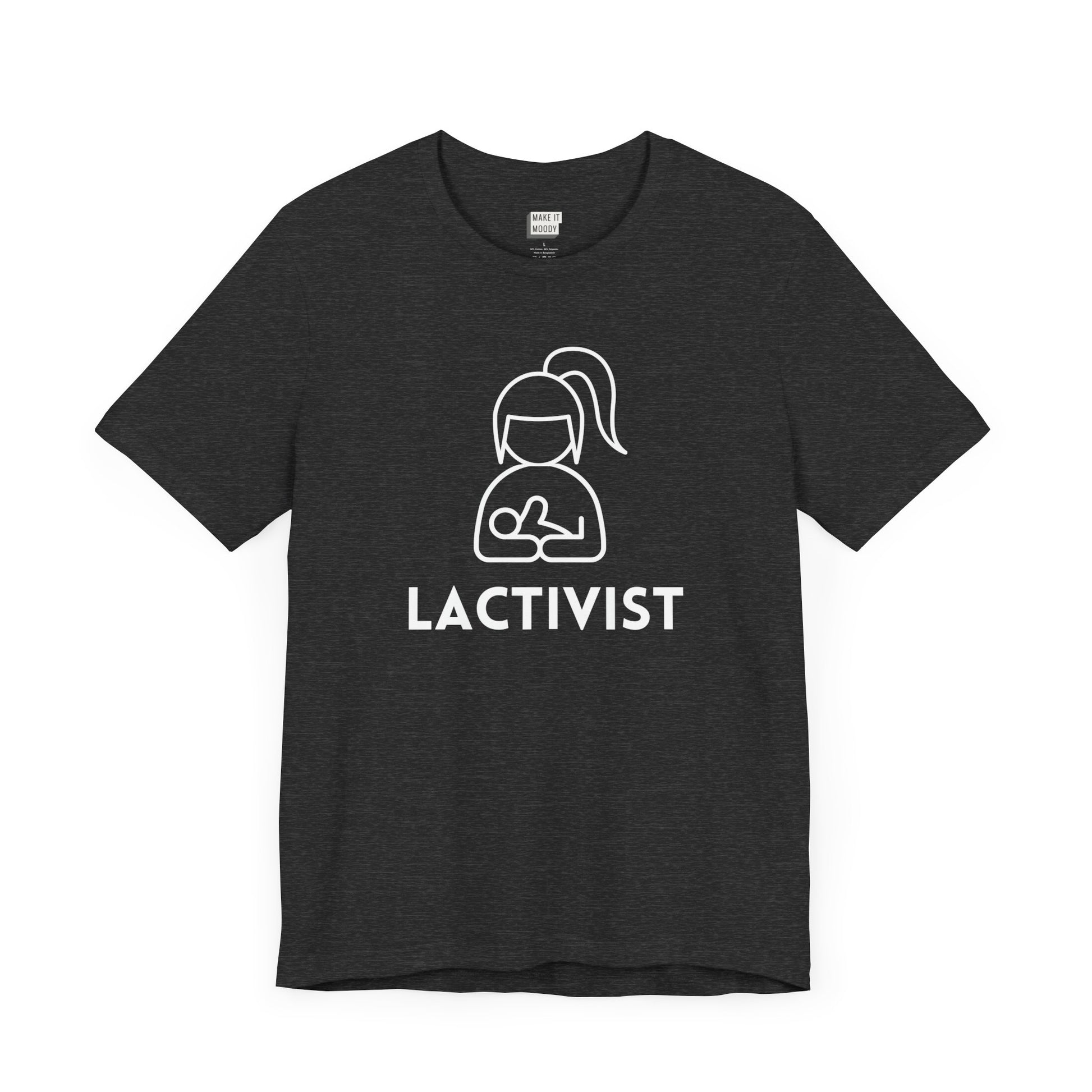 Dark heather gray breastfeeding t-shirt that says LACTIVIST with a minimalistic graphic of a mother nursing a baby.