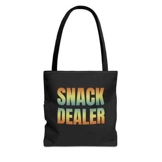 Black "Snack Dealer" tote bag featuring the text in large, gradient-colored letters.