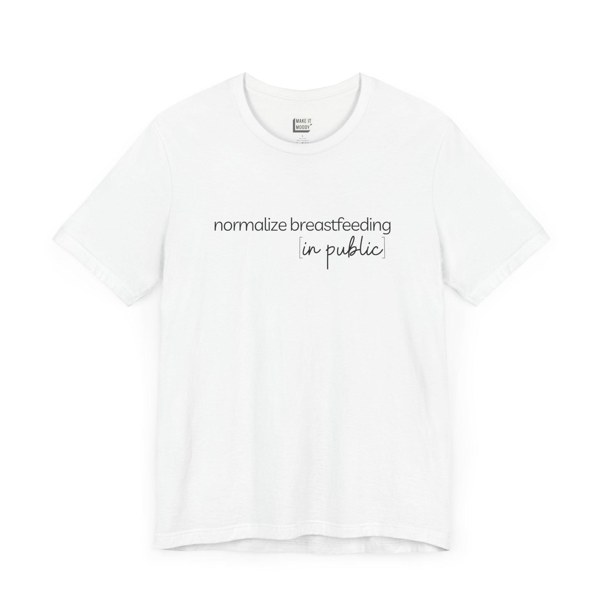 Breastfeeding t-shirt that says NORMALIZE BREASTFEEDING in public.