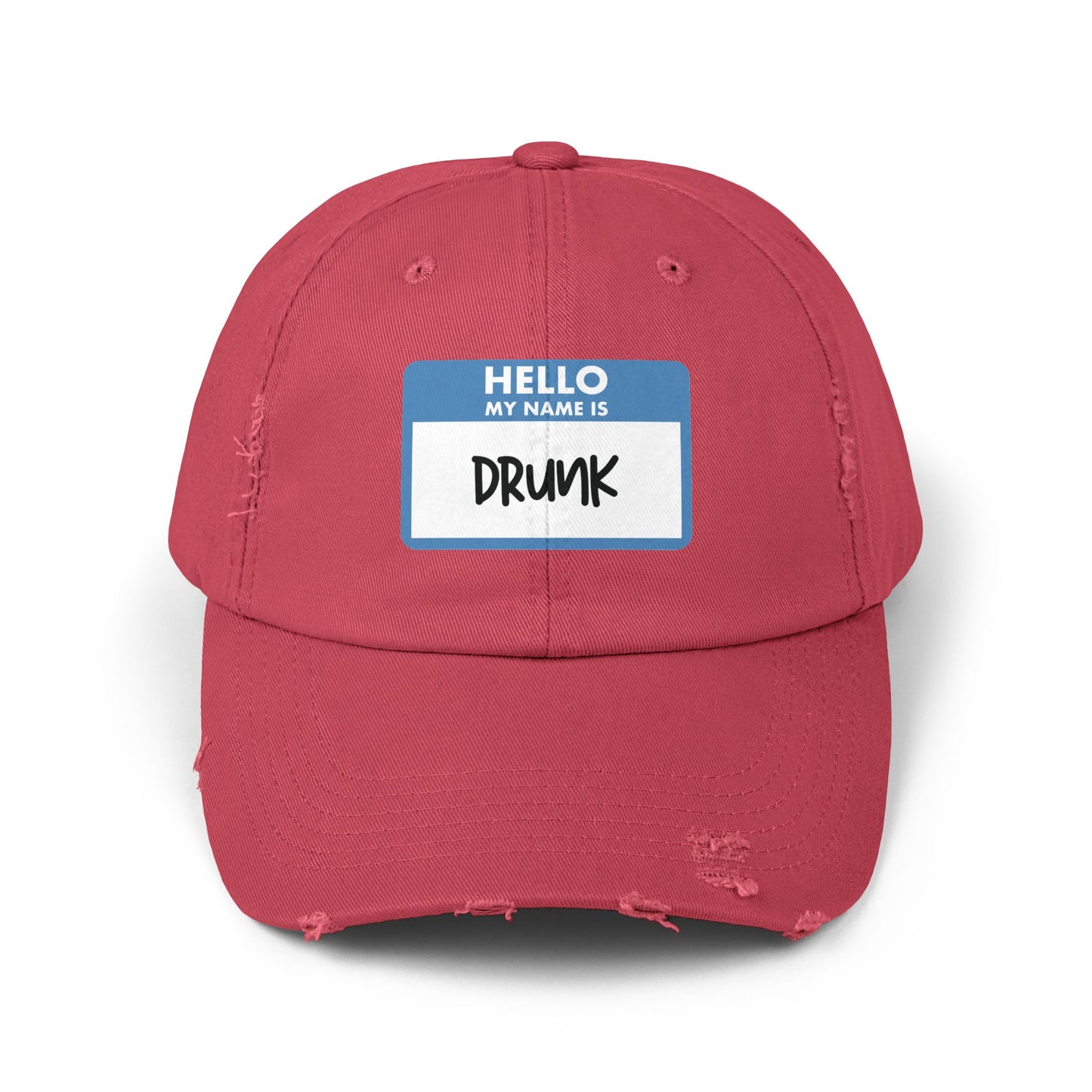 Drinking hat in red that says HELLO MY NAME IS DRUNK on the front. The design is made to look like a sticker name tag that you write your name on and wear at events or parties.