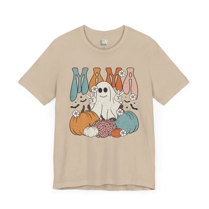 vintage halloween t-shirt that says, MAMA in retro lettering with a cute ghost pumpkin graphic"