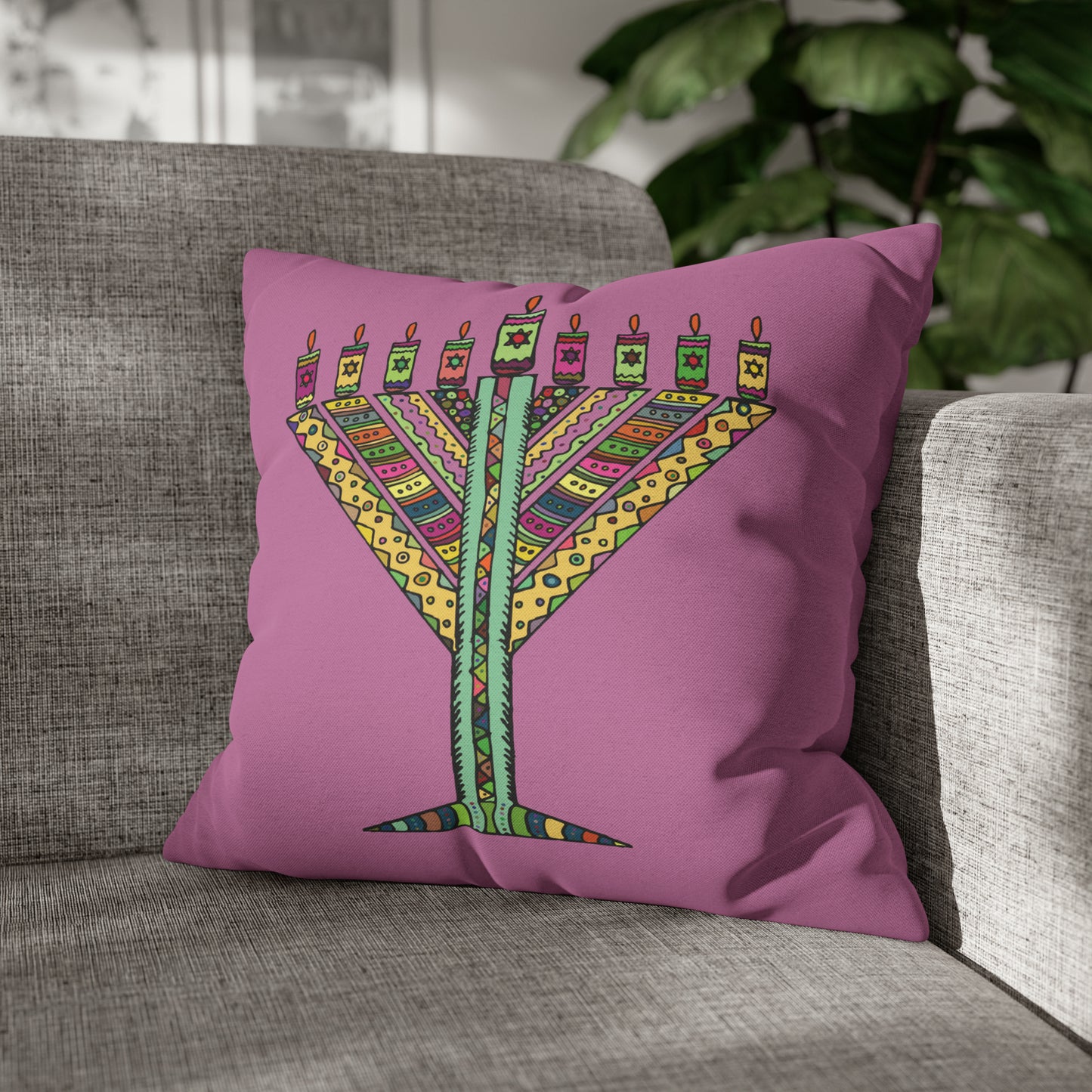 Mosaic Menorah Hanukkah Pillow Cover, Pink