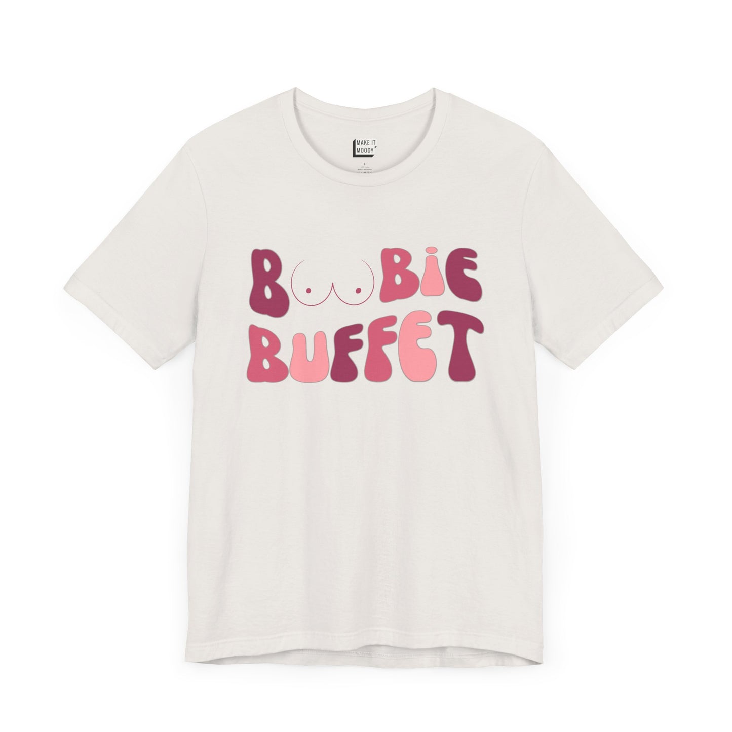 Vintage white breastfeeding t-shirt with the words BOOBIE BUFFET printed on the front in pink retro font with a minimalistic breast graphic in place of the double O in the word BOOBIE.