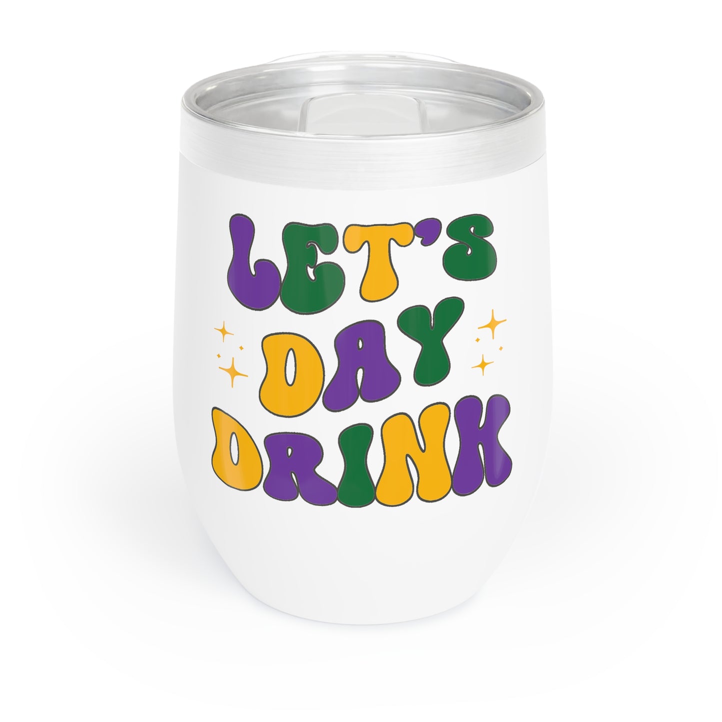 mardi gras themed wine tumbler that says "let's day drink"