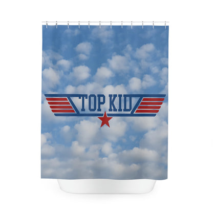 Top Kid" Shower Curtain featuring "TOP KID" written in blue and red text against a cloudy sky background.