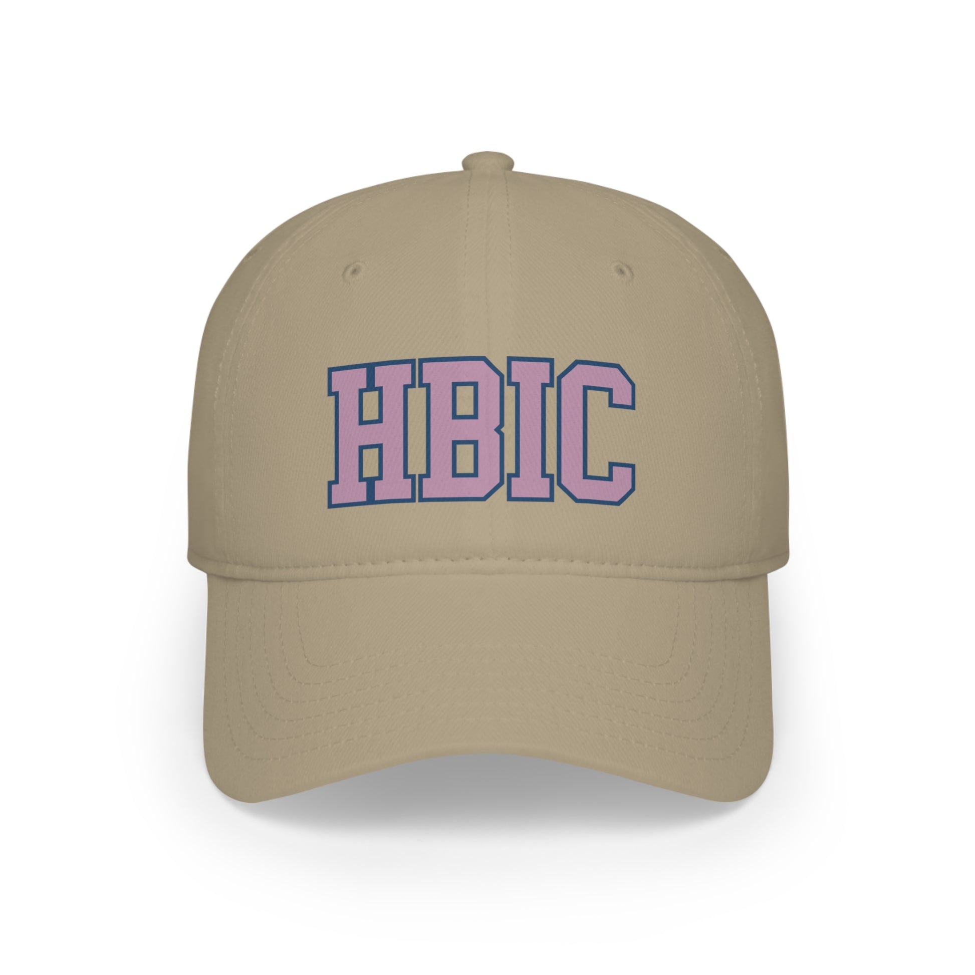 Khaki baseball cap with the letters "HBIC" (Head B**** In Charge) in bold, purple and blue outline, embroidered on the front.