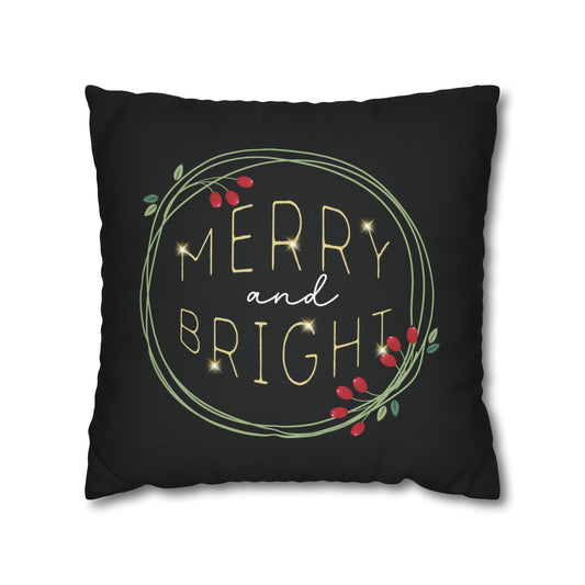 "Merry & Bright" Christmas Pillow Cover, Black