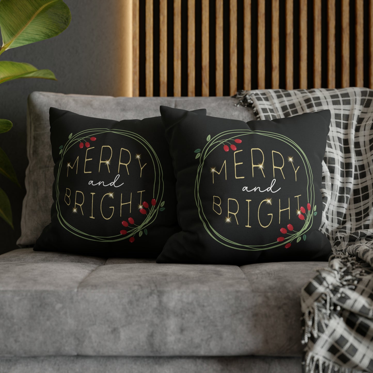 "Merry & Bright" Christmas Pillow Cover, Black