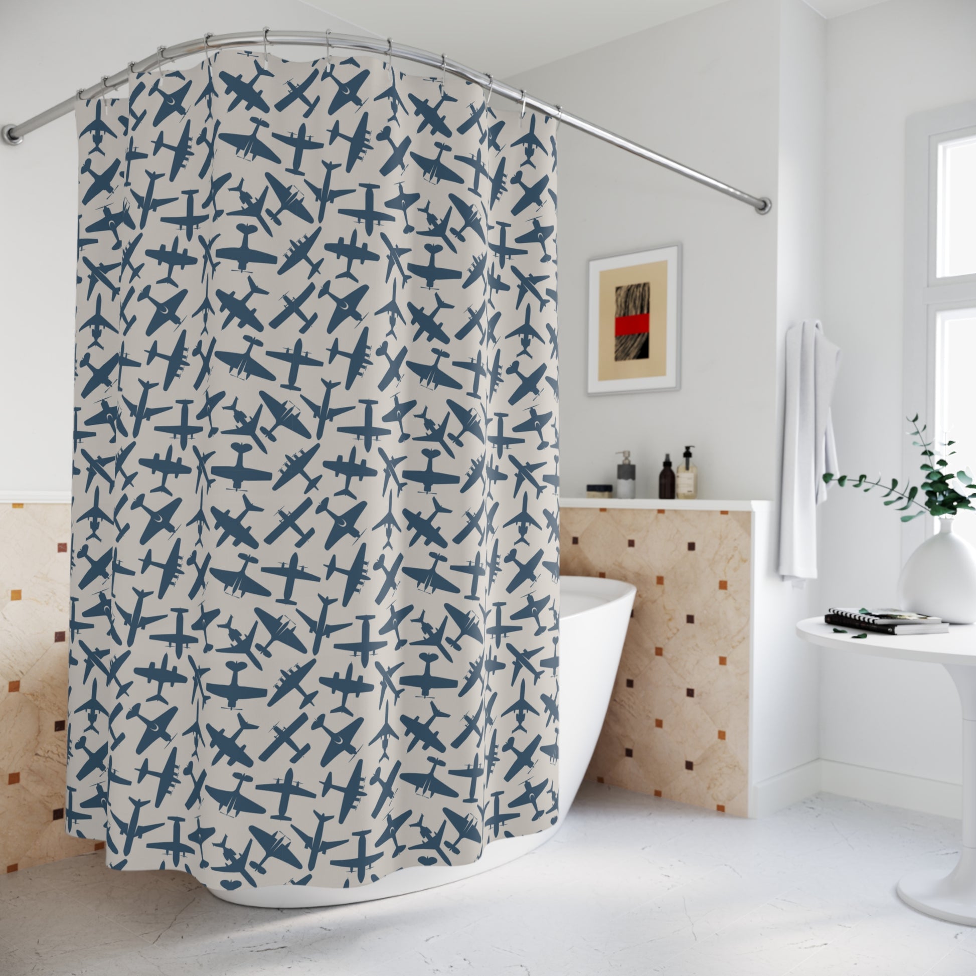 aviation merchandise, airplane patterned shower curtain, size reference pic