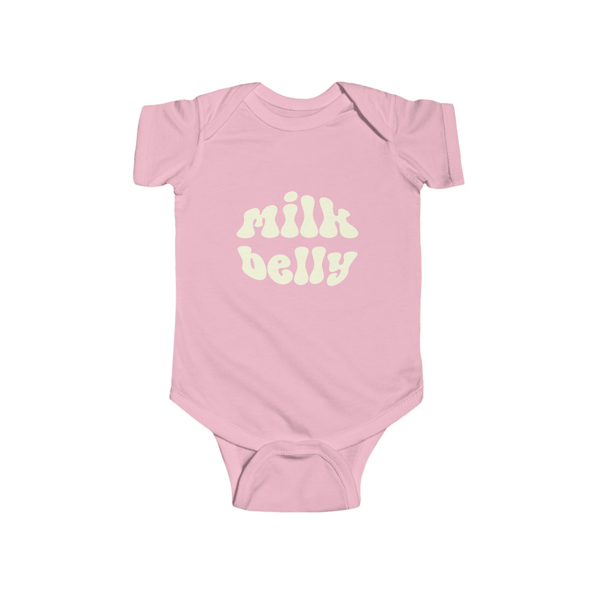 Pink infant bodysuit that says MILK BELLY in white retro font on the front.