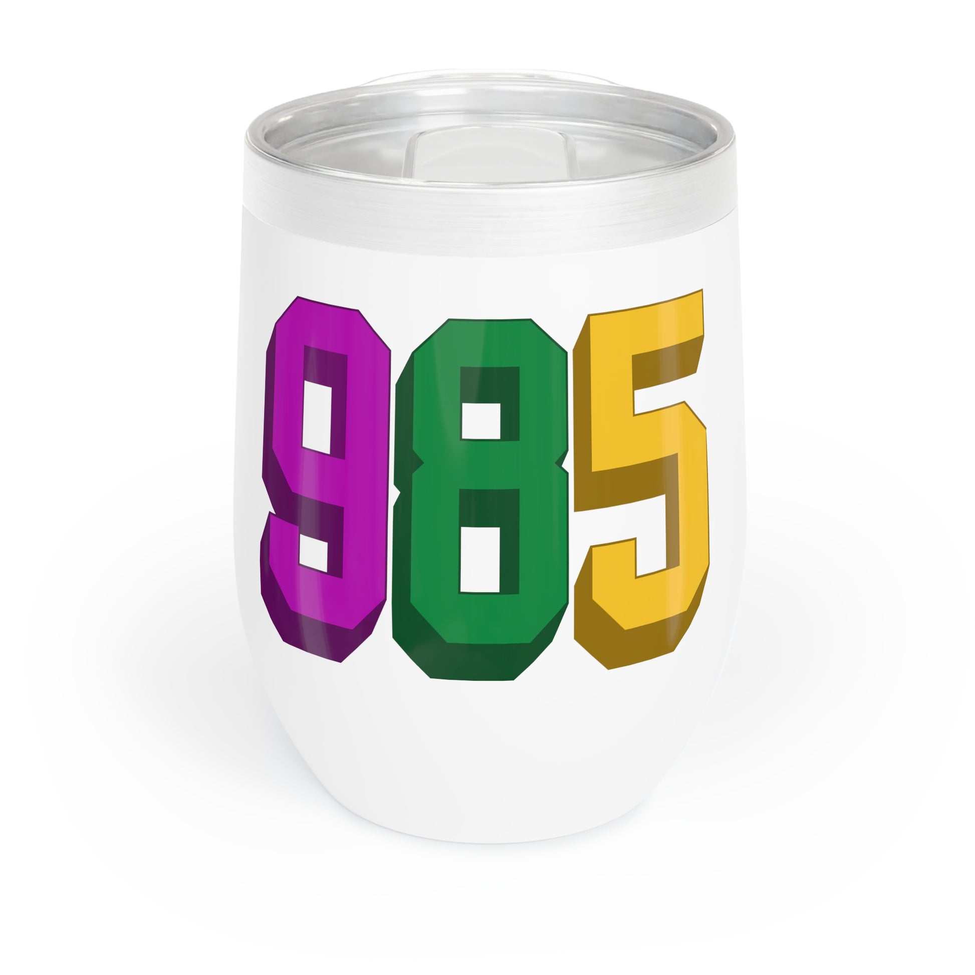 mardi gras themed wine tumbler with "985" area code printed on it