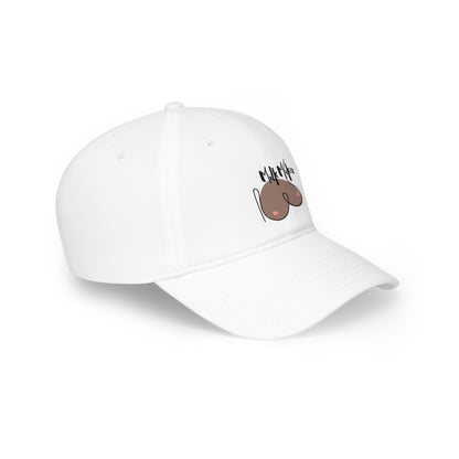 Introducing the "Milk Maker" Breastfeeding Hat: a white baseball cap made from 100% Cotton Twill, featuring a graphic of brown, round shapes and stylized text that reads "melanin." Perfect for breastfeeding moms, it's a stylish nod to Milk Maker hats.