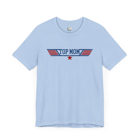 Aviation mom t-shirt in light blue, featuring red, white, and blue text that says Top Mom with aviation style star graphic.