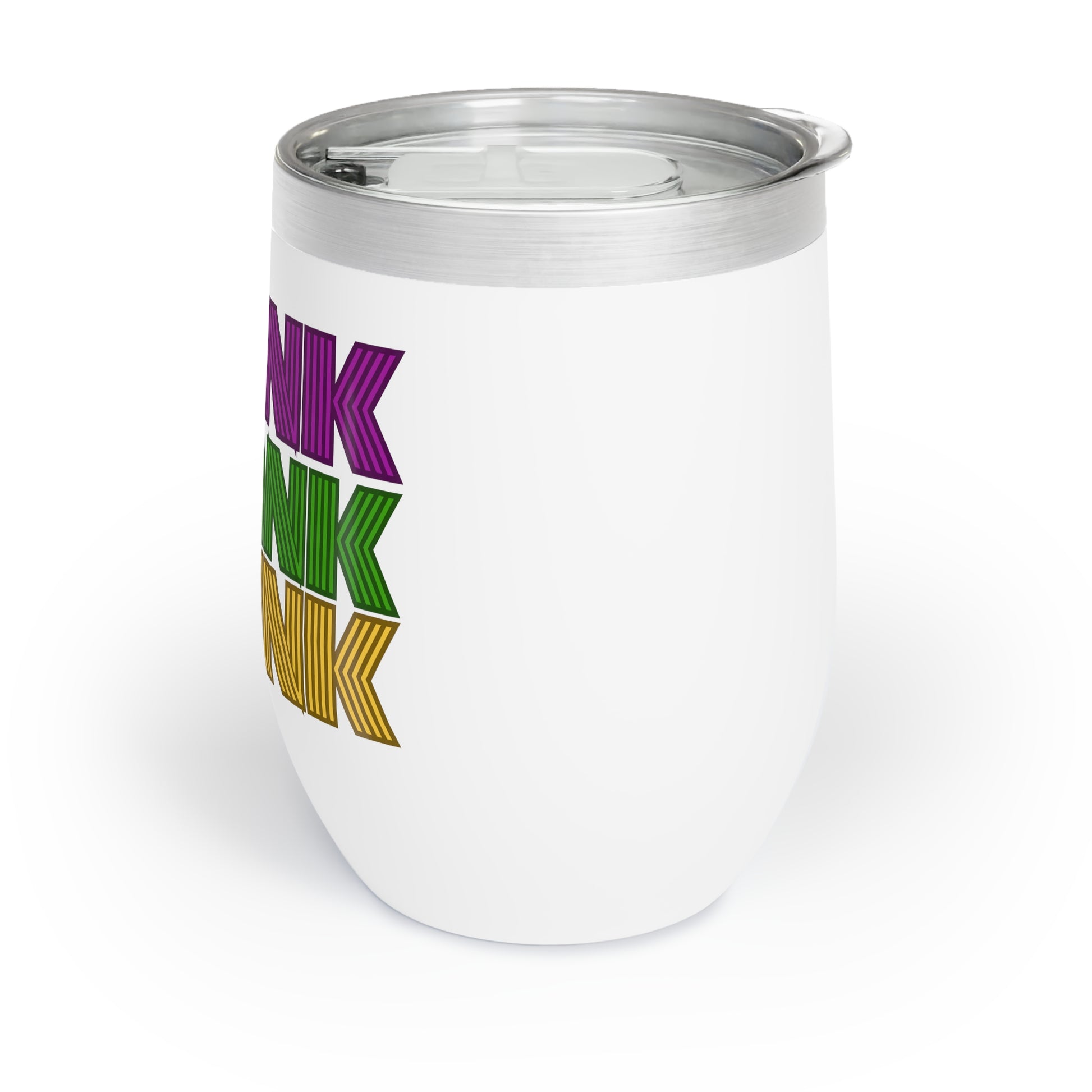 mardi gras themed wine tumbler that says "drink drank drunk"