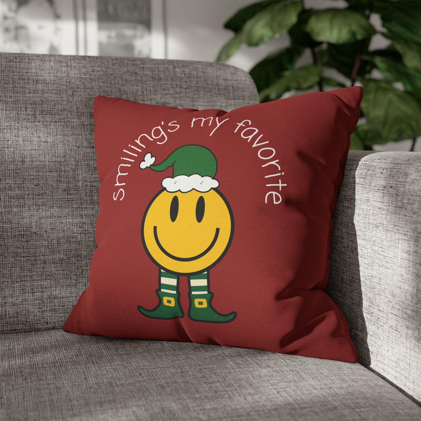 "Smiling's My Favorite" Christmas Pillow Cover, Red