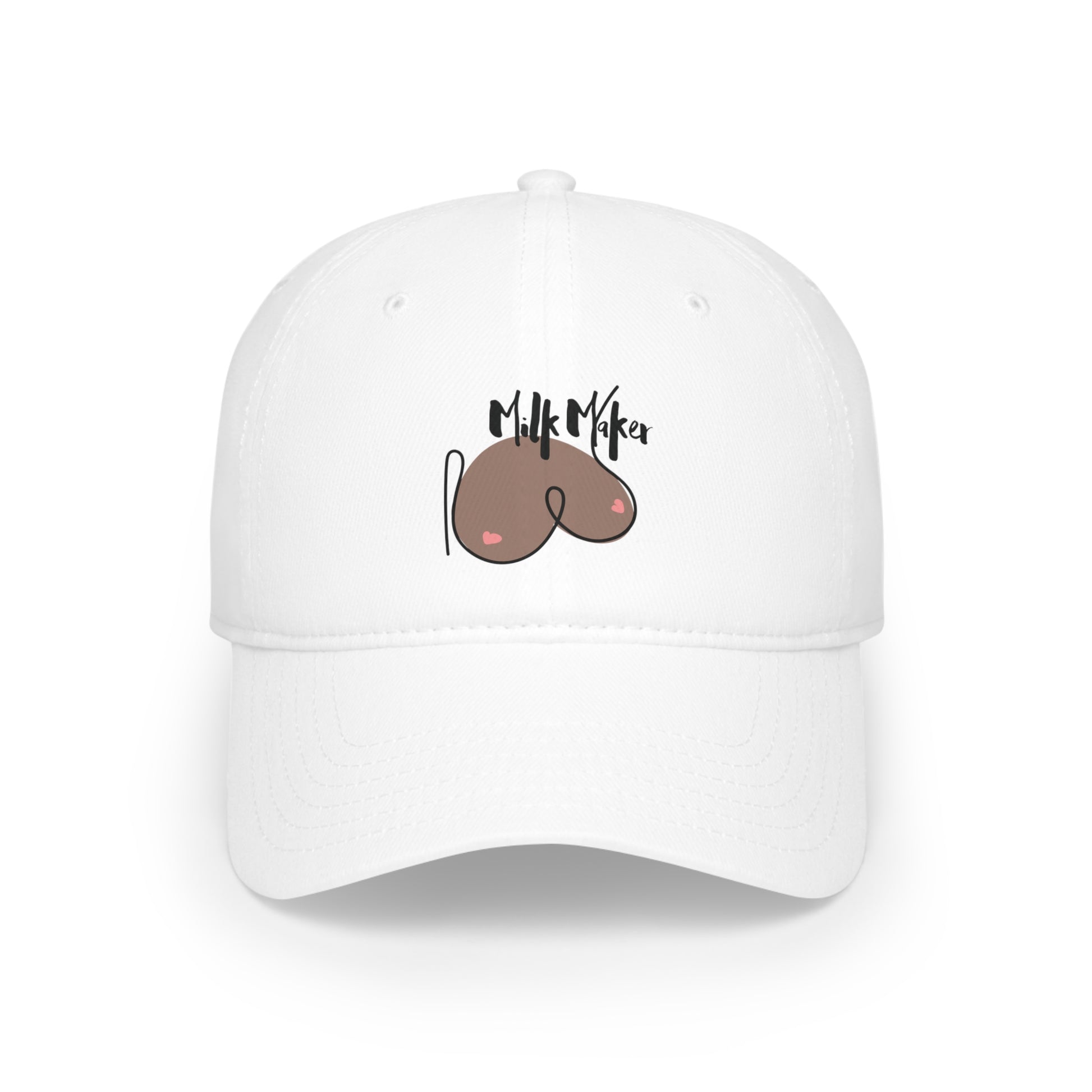 Breastfeeding themed ball cap with a graphic of breasts and the words milk maker printed on the front