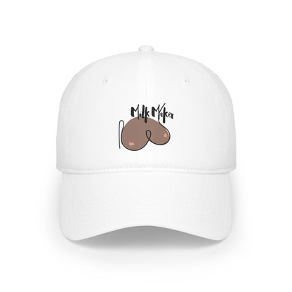 Breastfeeding themed ball cap with a graphic of breasts and the words milk maker printed on the front