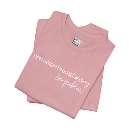 Breastfeeding t-shirt that says NORMALIZE BREASTFEEDING in public.