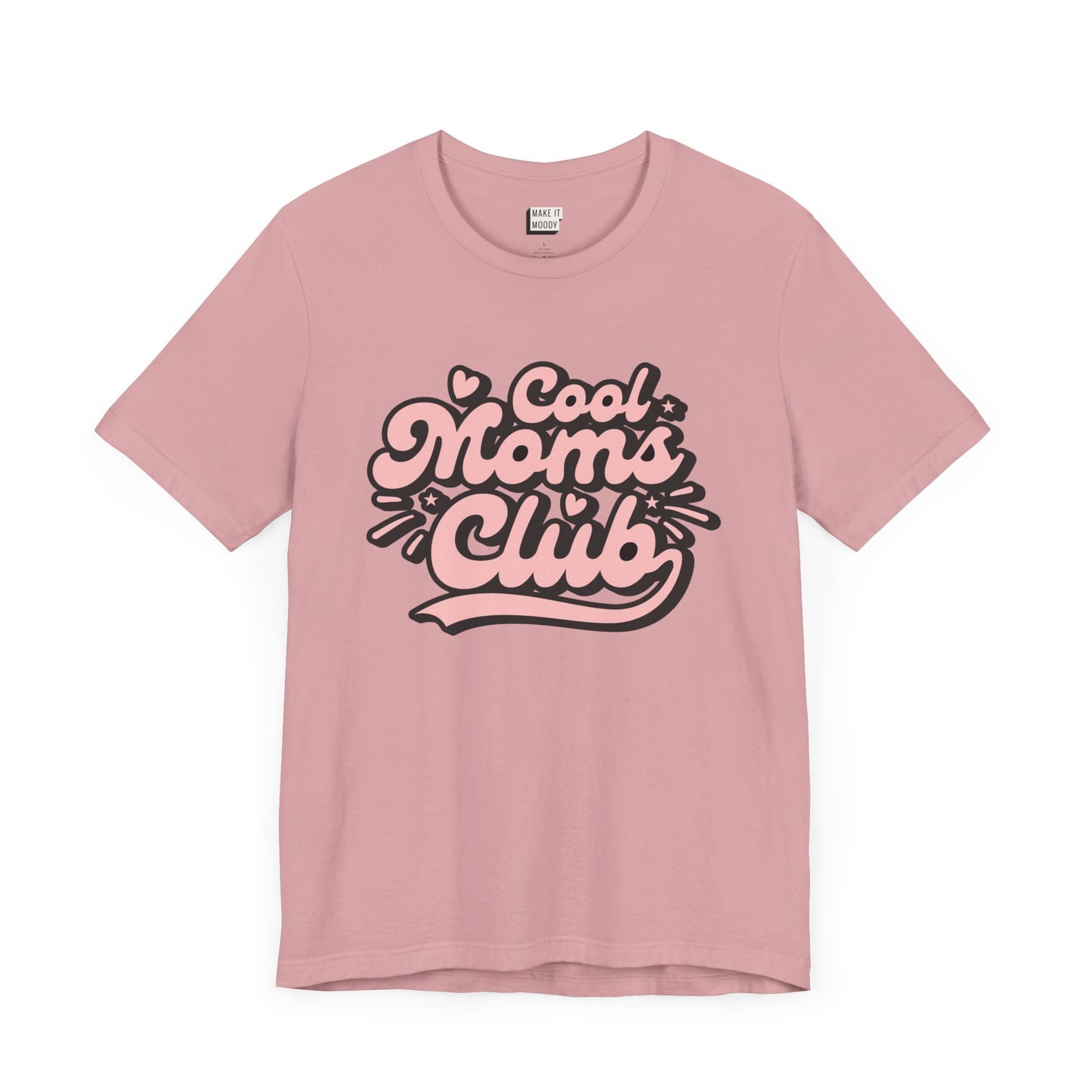 Orchid pink mom t-shirt that says cool moms club in pink and black retro font.