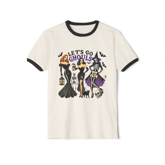 The "Let's Go Ghouls" Unisex Cotton Ringer T-Shirt, in natural and black, showcases spooky figures and the phrase "Let's Go Ghouls!" surrounded by bats.
