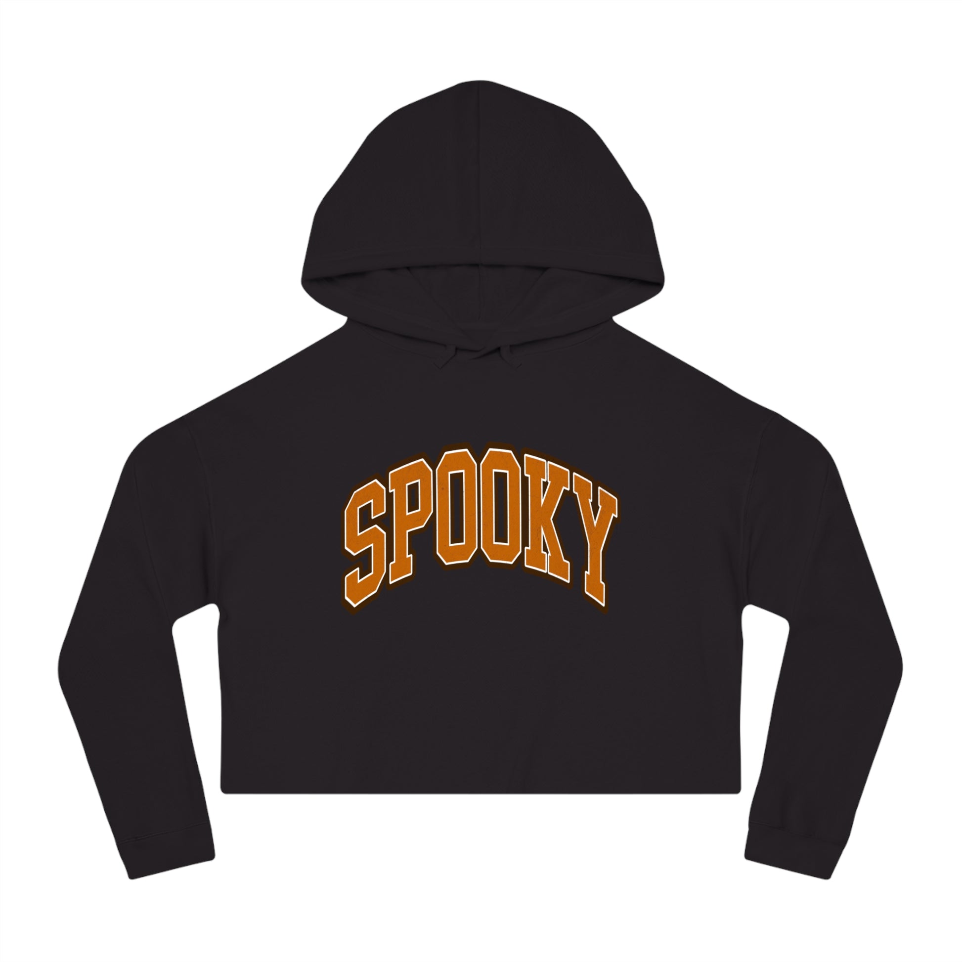 A black cropped hoodie featuring the word SPOOKY in bold, arched orange letters on the front.