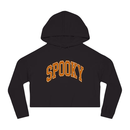 A black cropped hoodie featuring the word SPOOKY in bold, arched orange letters on the front.