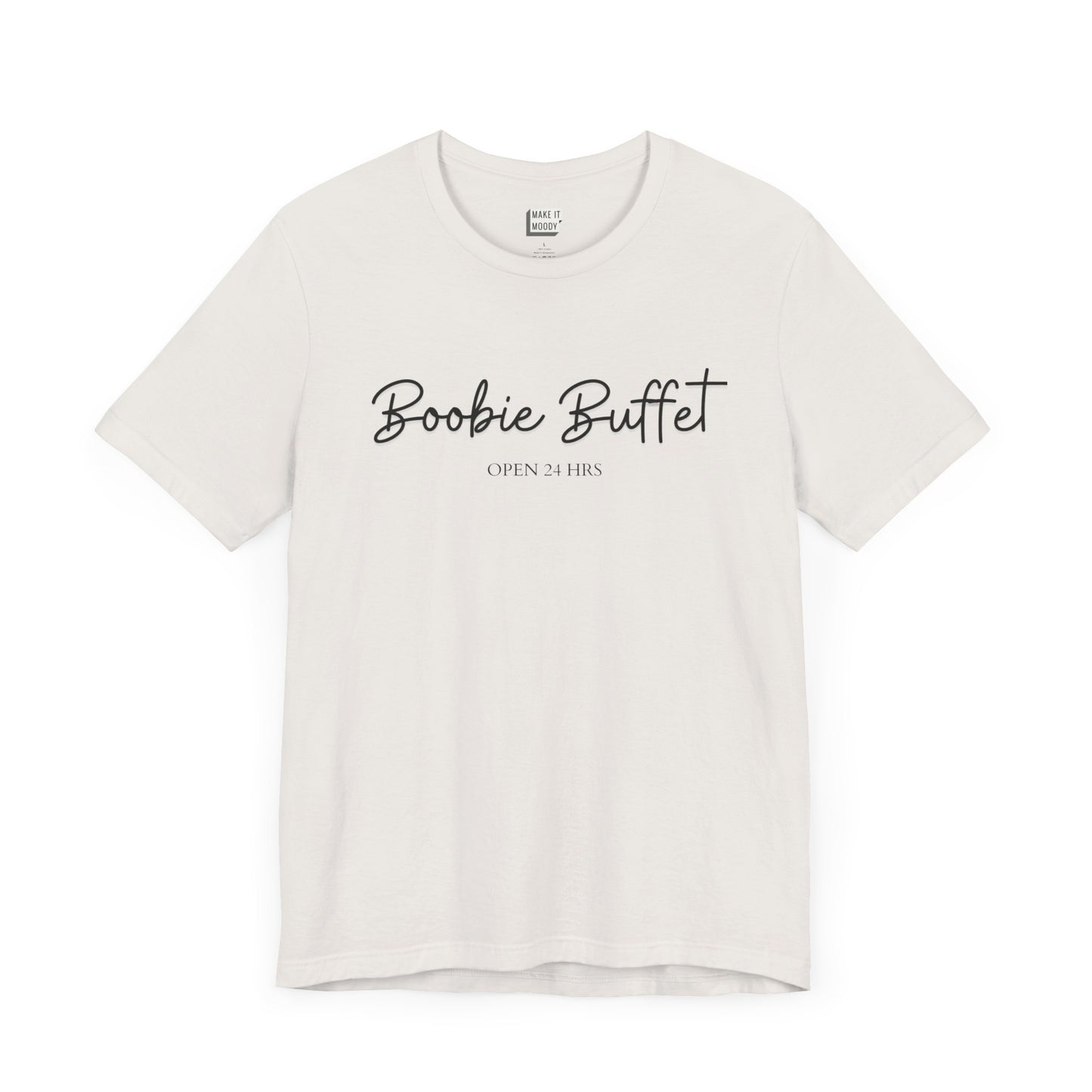 Vintage white breastfeeding t-shirt with boobie buffet, open 24 hours printed on the front in black.