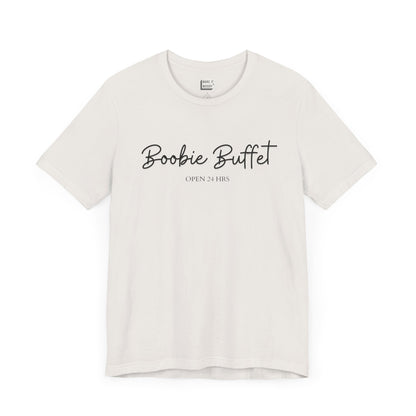 Vintage white breastfeeding t-shirt with boobie buffet, open 24 hours printed on the front in black.