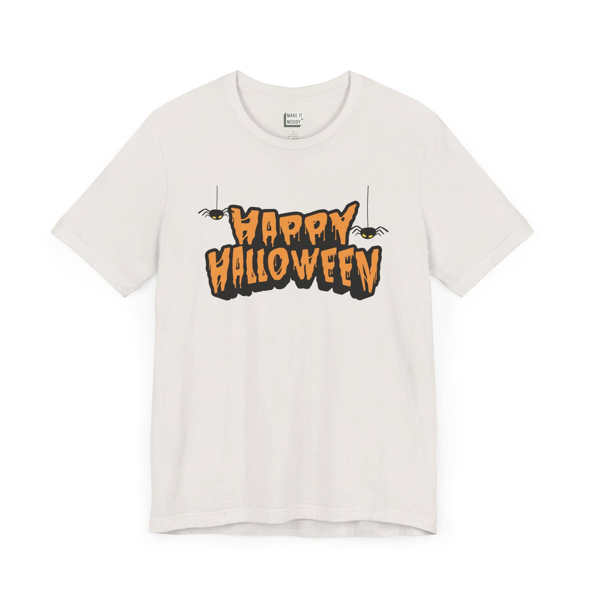 vintage white t-shirt that says, happy halloween on the front in spooky black and orange lettering with 2 hanging spiders