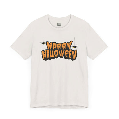 vintage white t-shirt that says, happy halloween on the front in spooky black and orange lettering with 2 hanging spiders