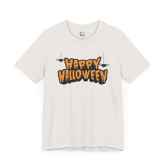 vintage white t-shirt that says, happy halloween on the front in spooky black and orange lettering with 2 hanging spiders