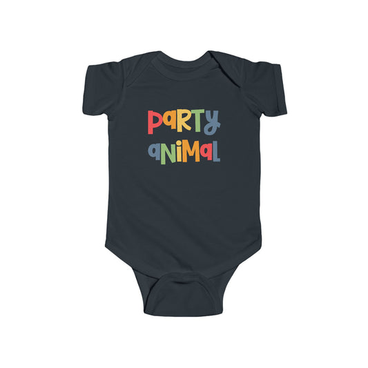 black infant bodysuit that says PARTY ANIMAL in multicolored letters