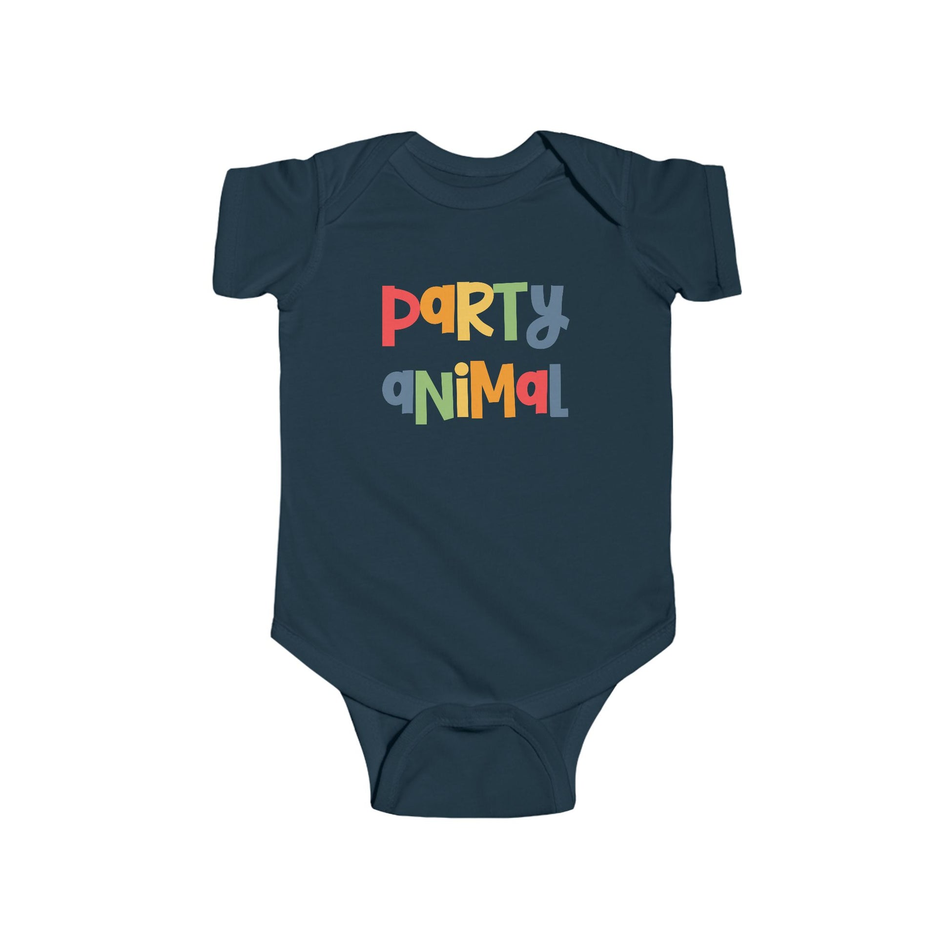 Navy infant bodysuit that says PARTY ANIMAL in multicolored letters