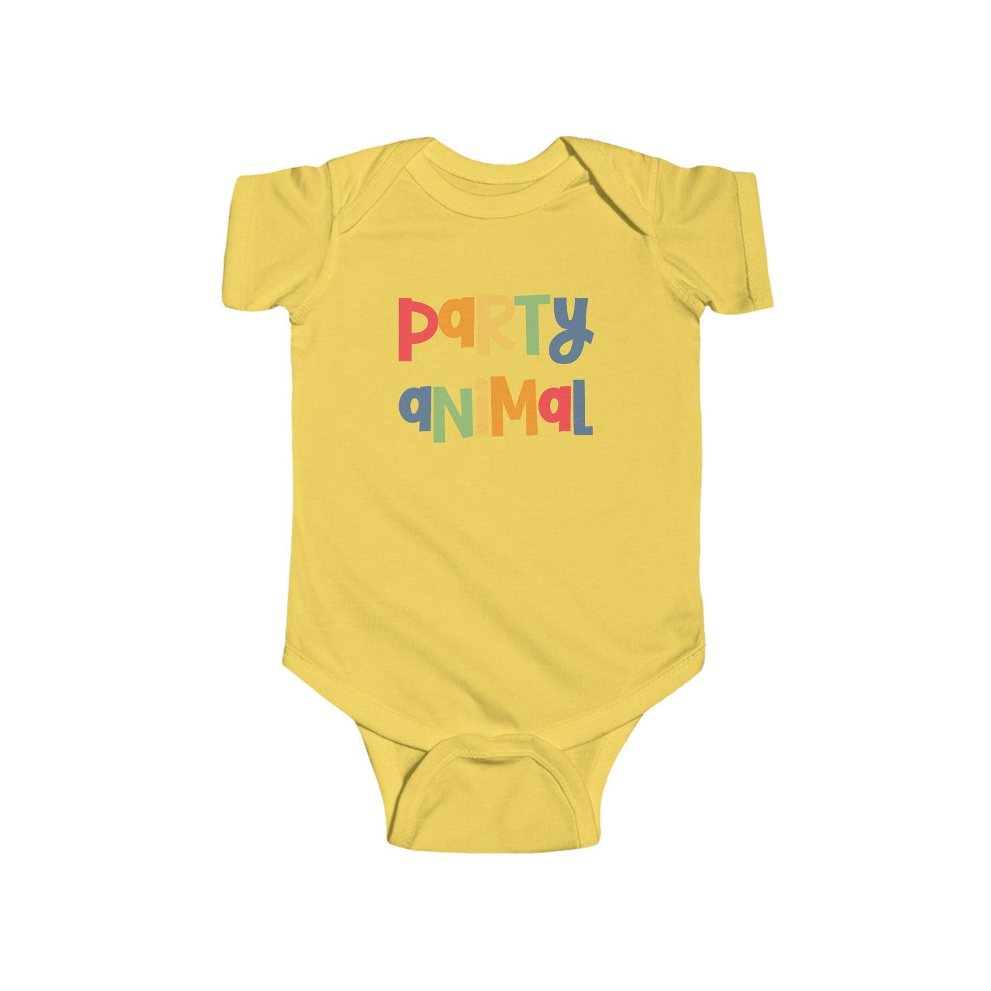 Yellow infant bodysuit that says PARTY ANIMAL in multicolored letters