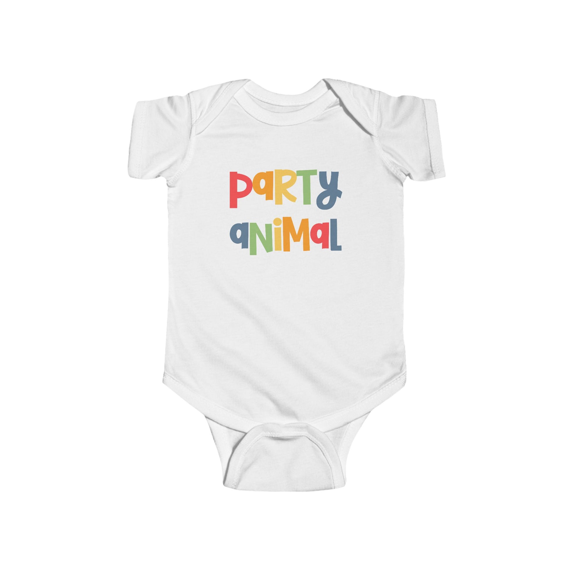 White infant bodysuit that says PARTY ANIMAL in multicolored letters