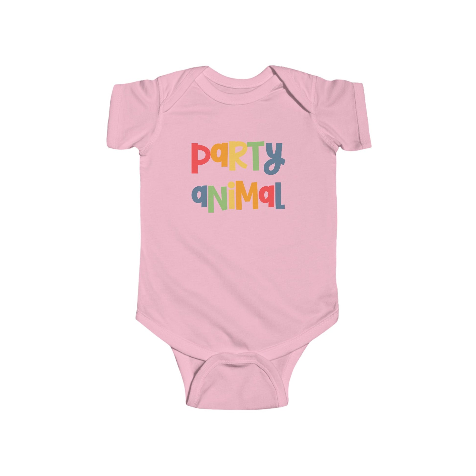 Pink infant bodysuit that says PARTY ANIMAL in multicolored letters