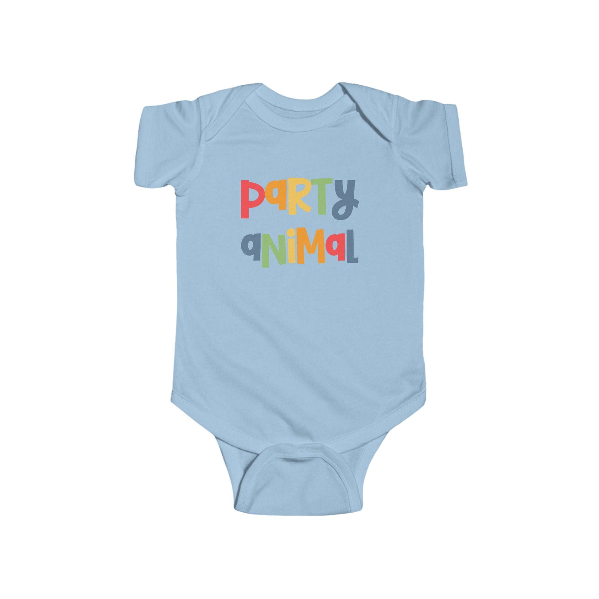 Light blue infant bodysuit that says PARTY ANIMAL in multicolored letters