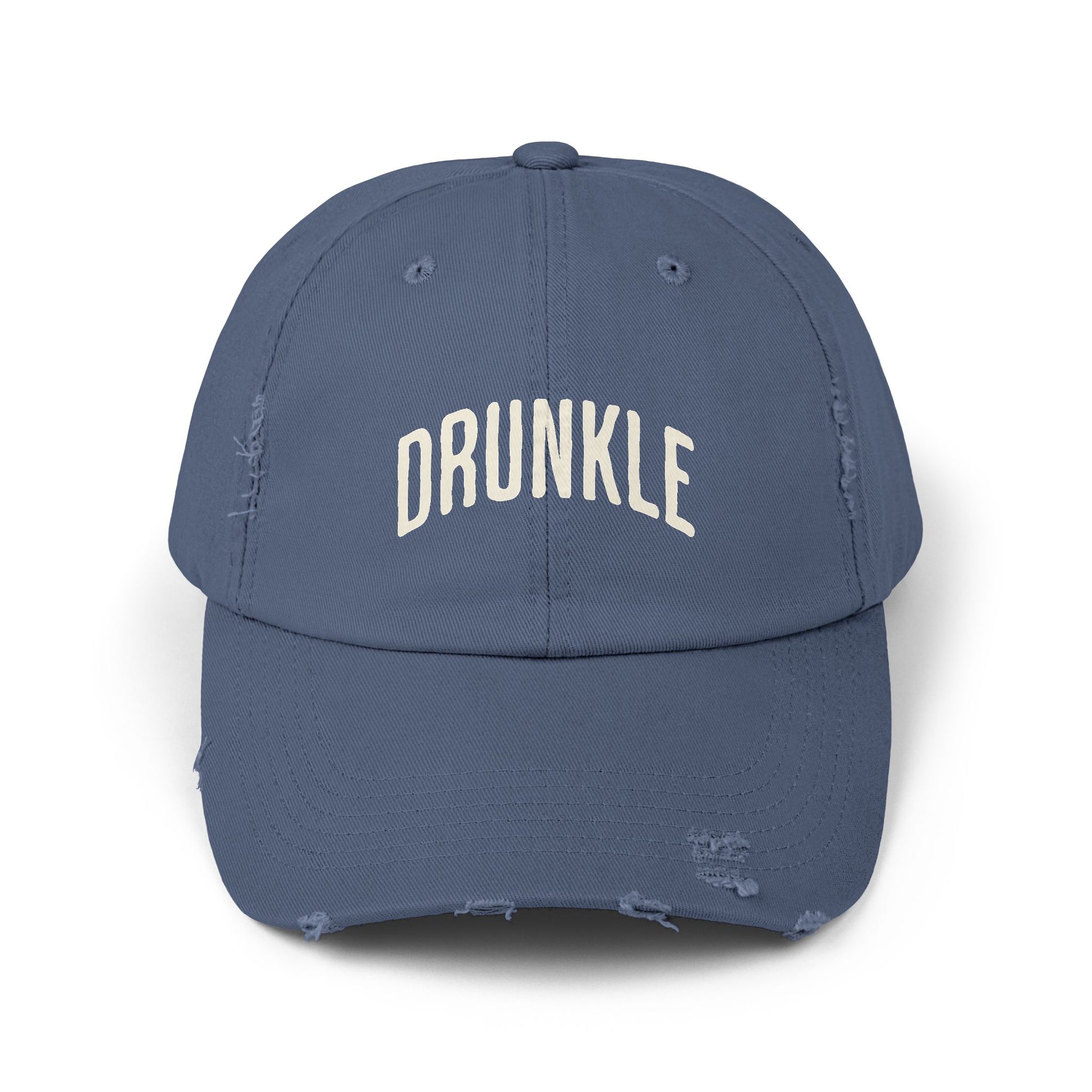 Blue colored hat that says DRUNKLE on the front in arched lettering.