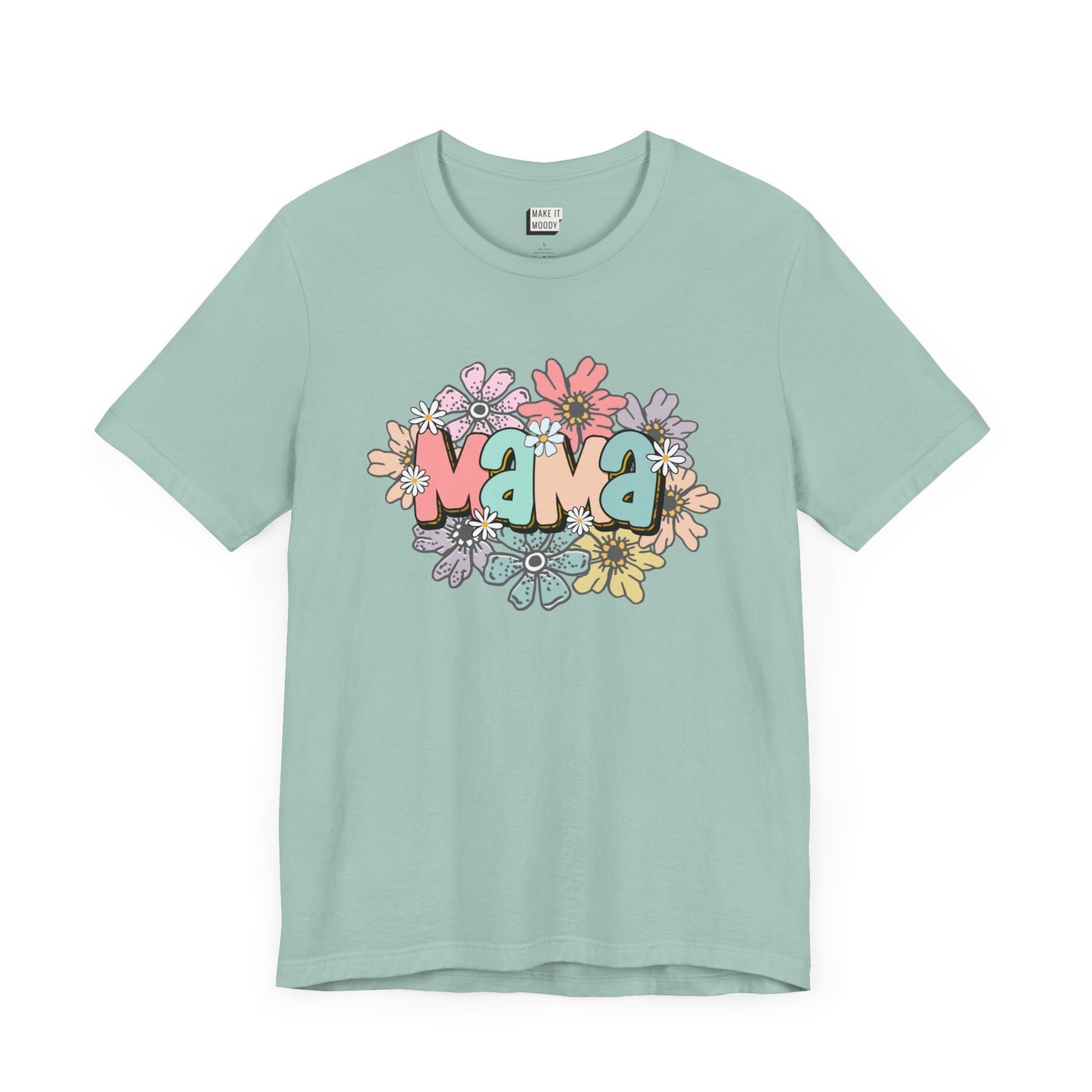 Dusty blue mom t-shirt adorned with the word Mama in colorful letters, surrounded by pastel flowers.