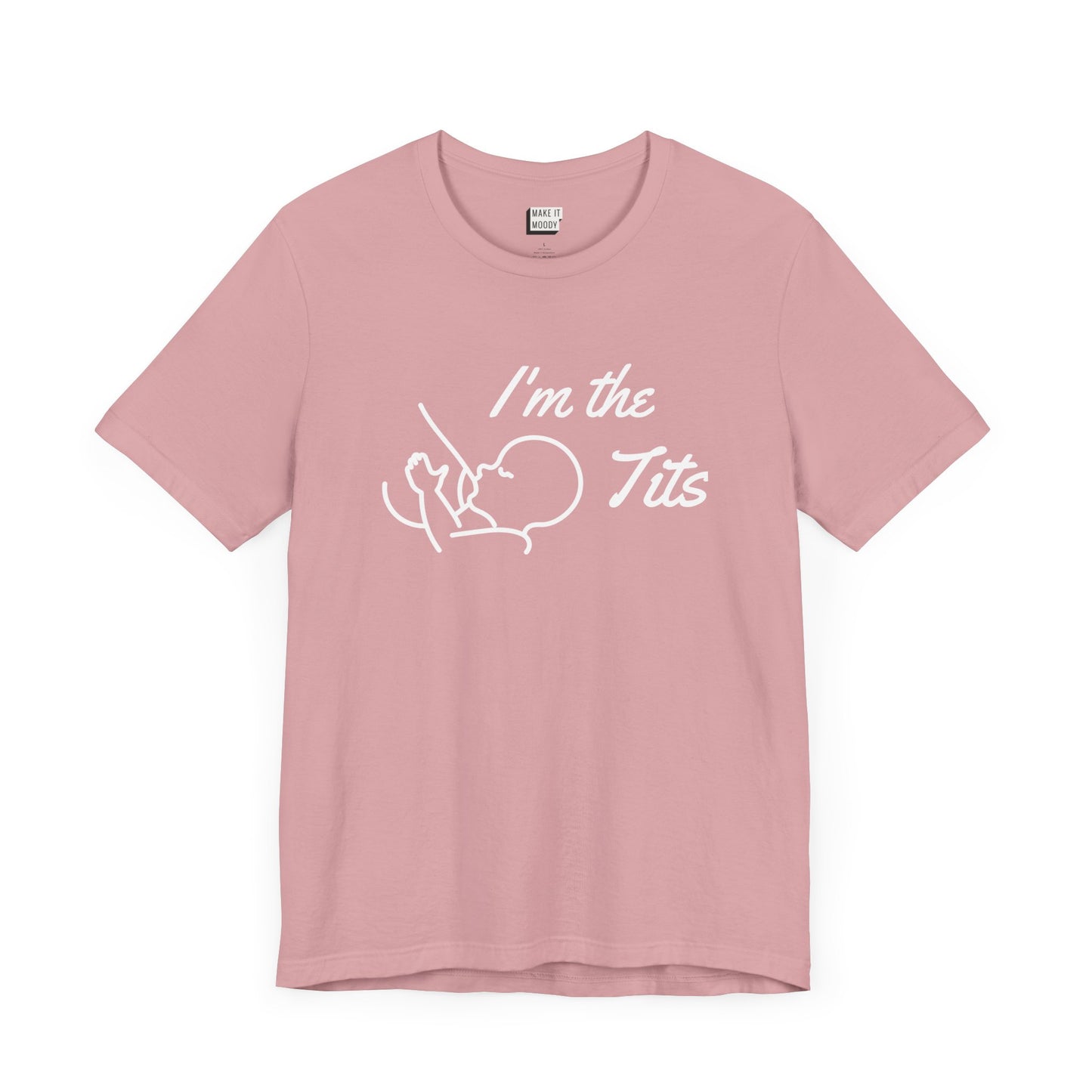 Orchid pink colored breastfeeding t-shirt that says I'm the tits in white print with a minimalist drawing of a baby nursing from a breast.