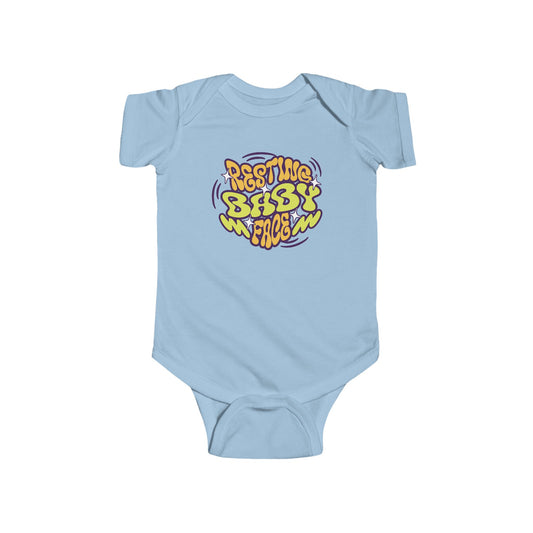 light blue infant bodysuit that with a wavy retro graphic on the front that says RESTING BABY FACE